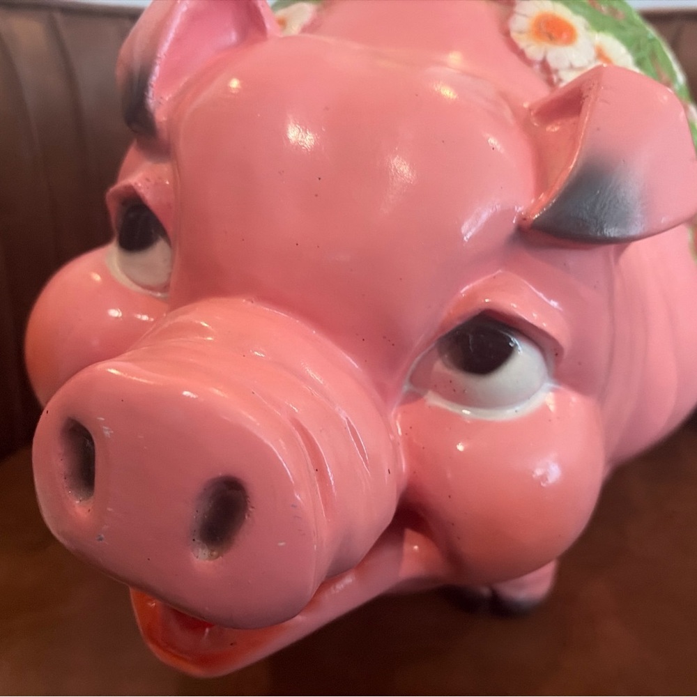 Large Vintage Piggy Bank 1970s Universal Statuary Co Collectable Floral - Picture 2 of 9